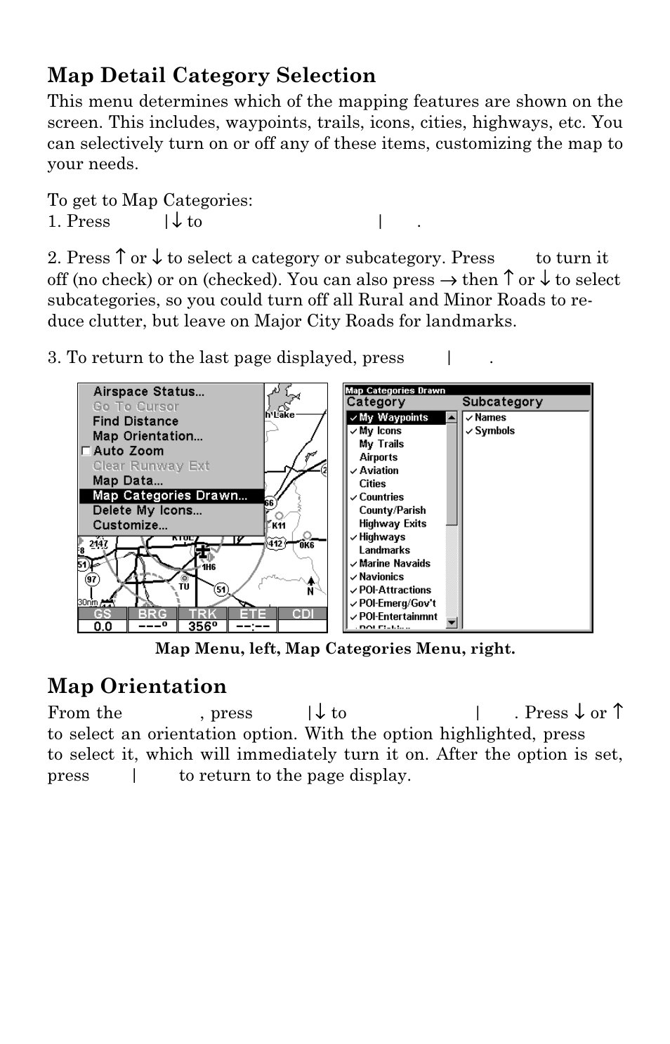 Map detail category selection, Map orientation | Lowrance electronic AirMap 1000 User Manual | Page 96 / 148