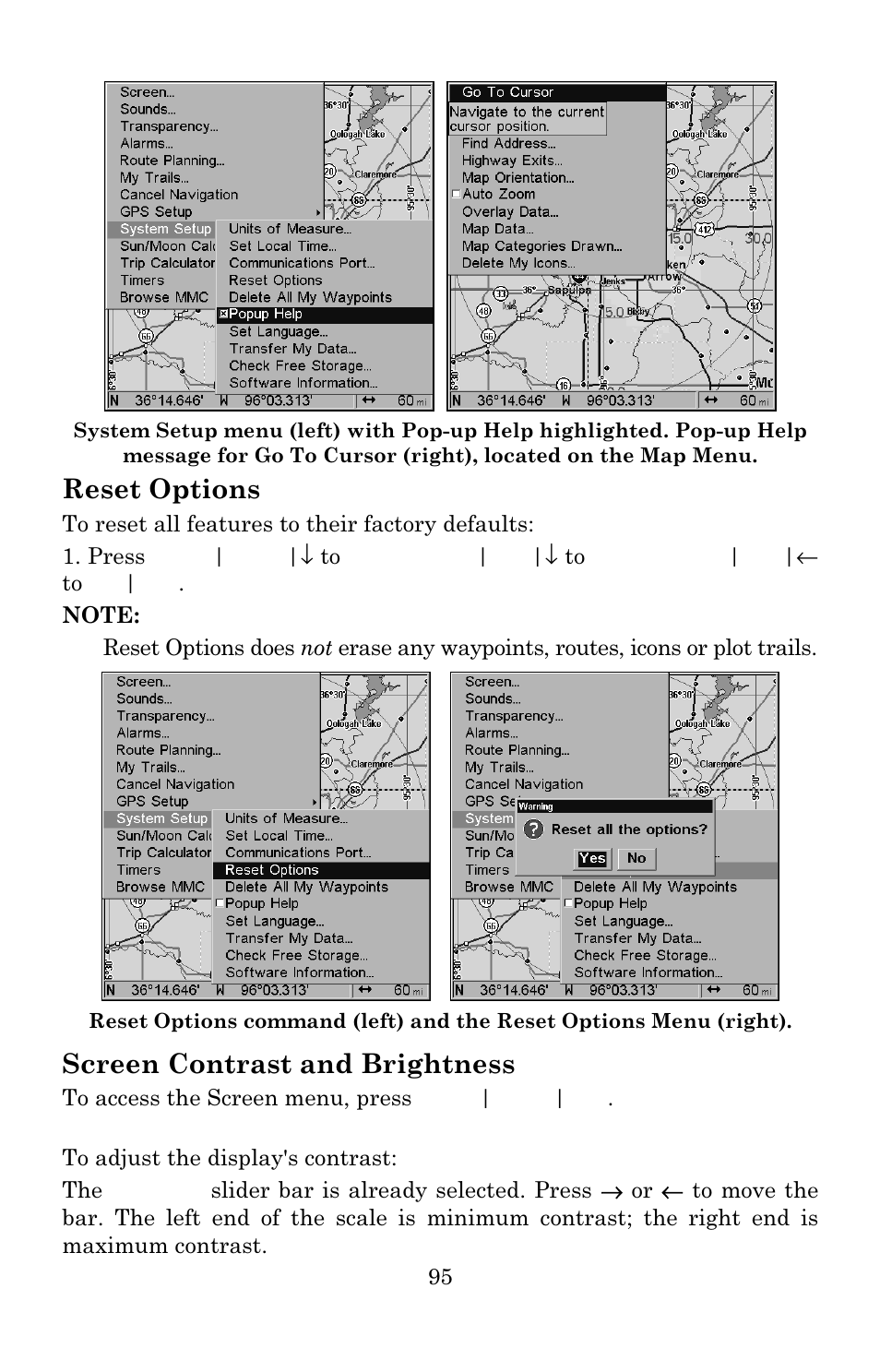 Reset options, Screen contrast and brightness | Lowrance electronic 480C User Manual | Page 101 / 140