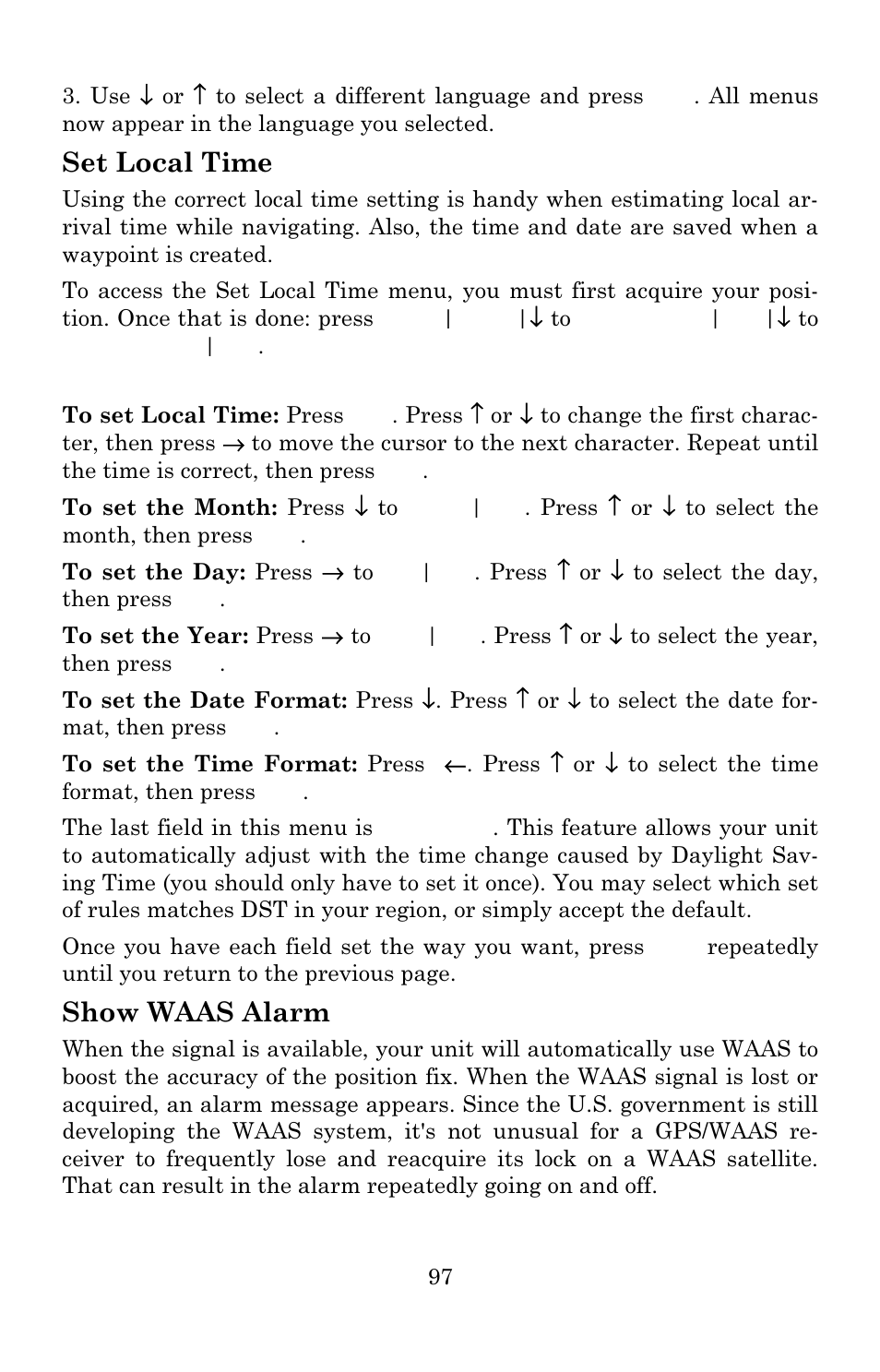 Set local time, Show waas alarm | Lowrance electronic 480C User Manual | Page 103 / 140