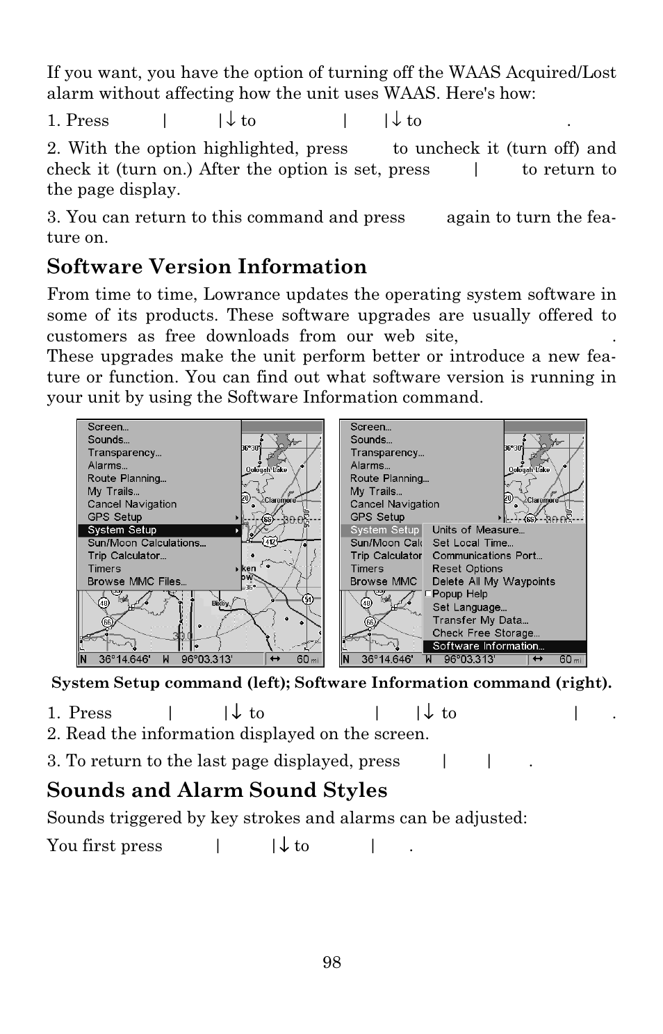 Software version information, Sounds and alarm sound styles | Lowrance electronic 480C User Manual | Page 104 / 140