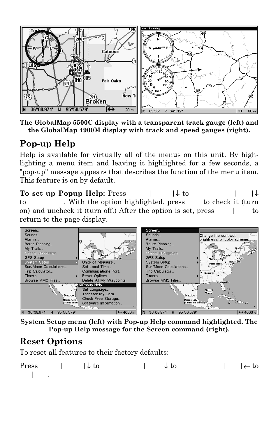 Pop-up help, Reset options | Lowrance electronic Lowrance GlobalMap 5500C User Manual | Page 101 / 136