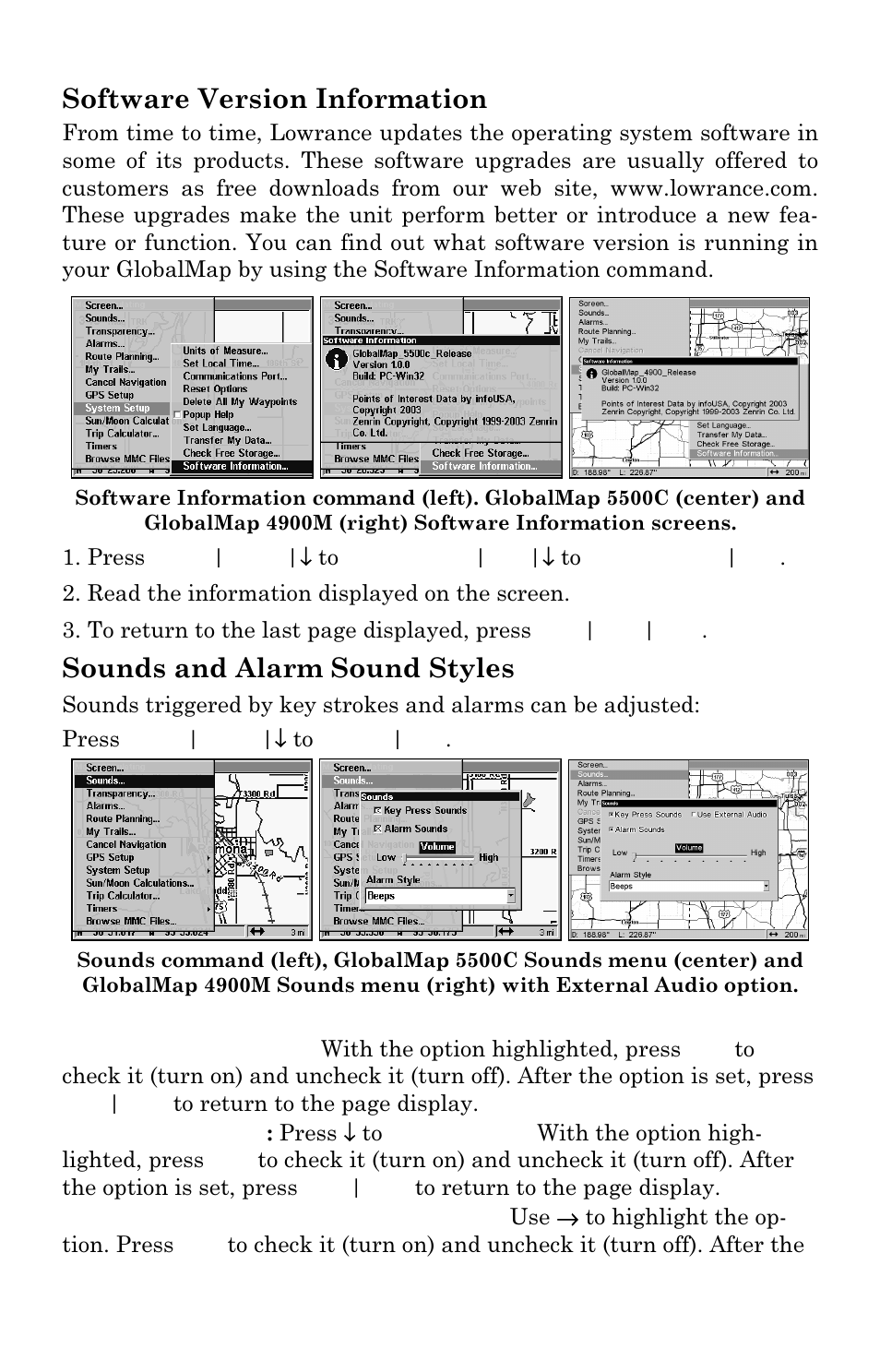 Software version information, Sounds and alarm sound styles | Lowrance electronic Lowrance GlobalMap 5500C User Manual | Page 105 / 136