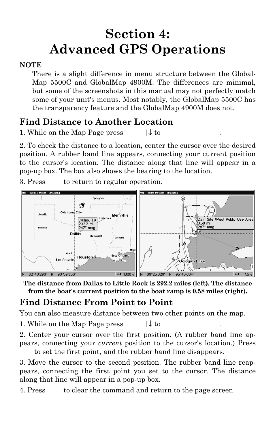Find distance to another location, Find distance from point to point | Lowrance electronic Lowrance GlobalMap 5500C User Manual | Page 63 / 136