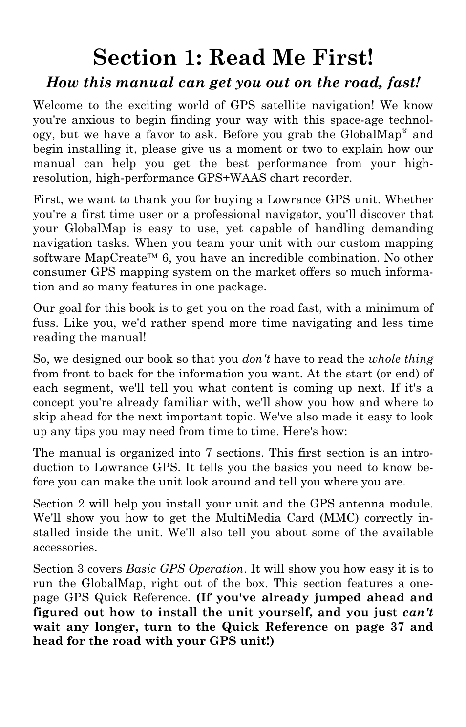 How this manual can get you out on the road, fast | Lowrance electronic Lowrance GlobalMap 5500C User Manual | Page 7 / 136