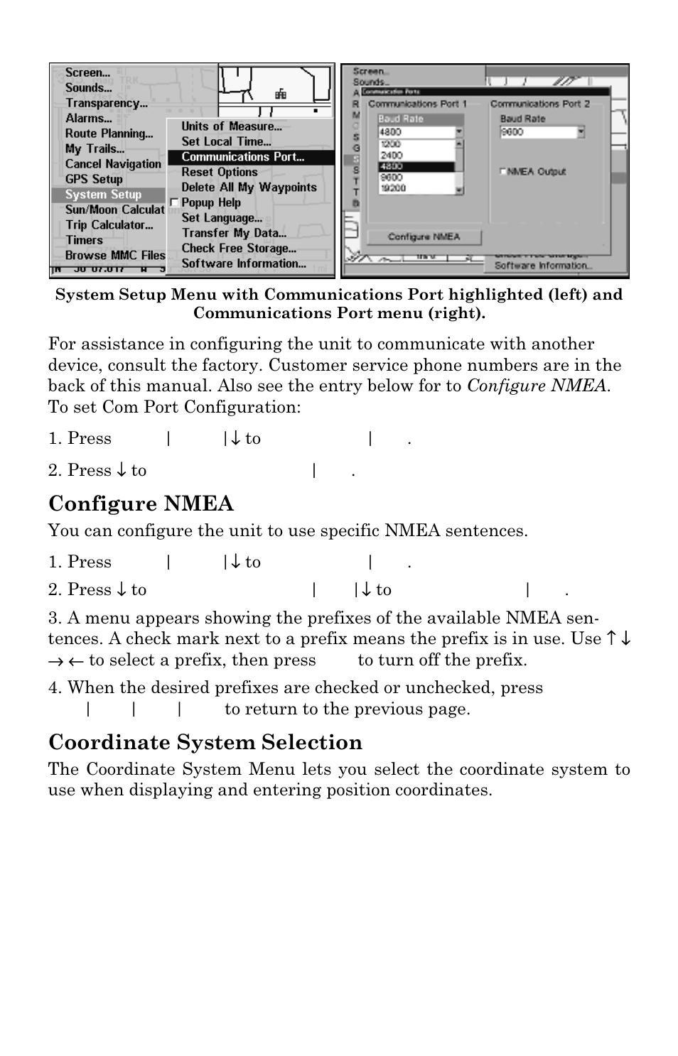 Configure nmea, Coordinate system selection | Lowrance electronic Lowrance GlobalMap 5500C User Manual | Page 78 / 136