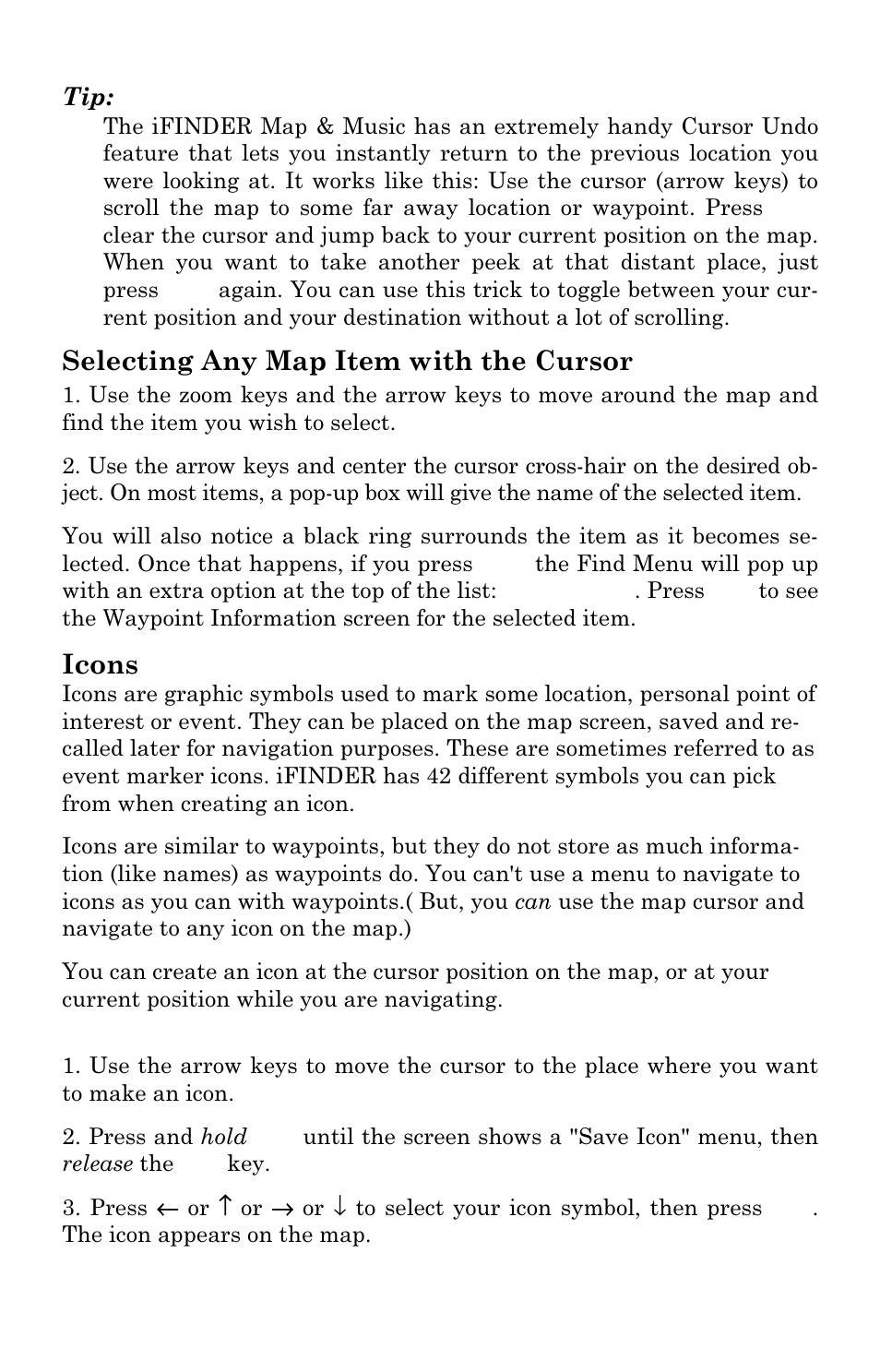 Selecting any map item with the cursor, Icons | Lowrance electronic iFINDER M-M User Manual | Page 41 / 116