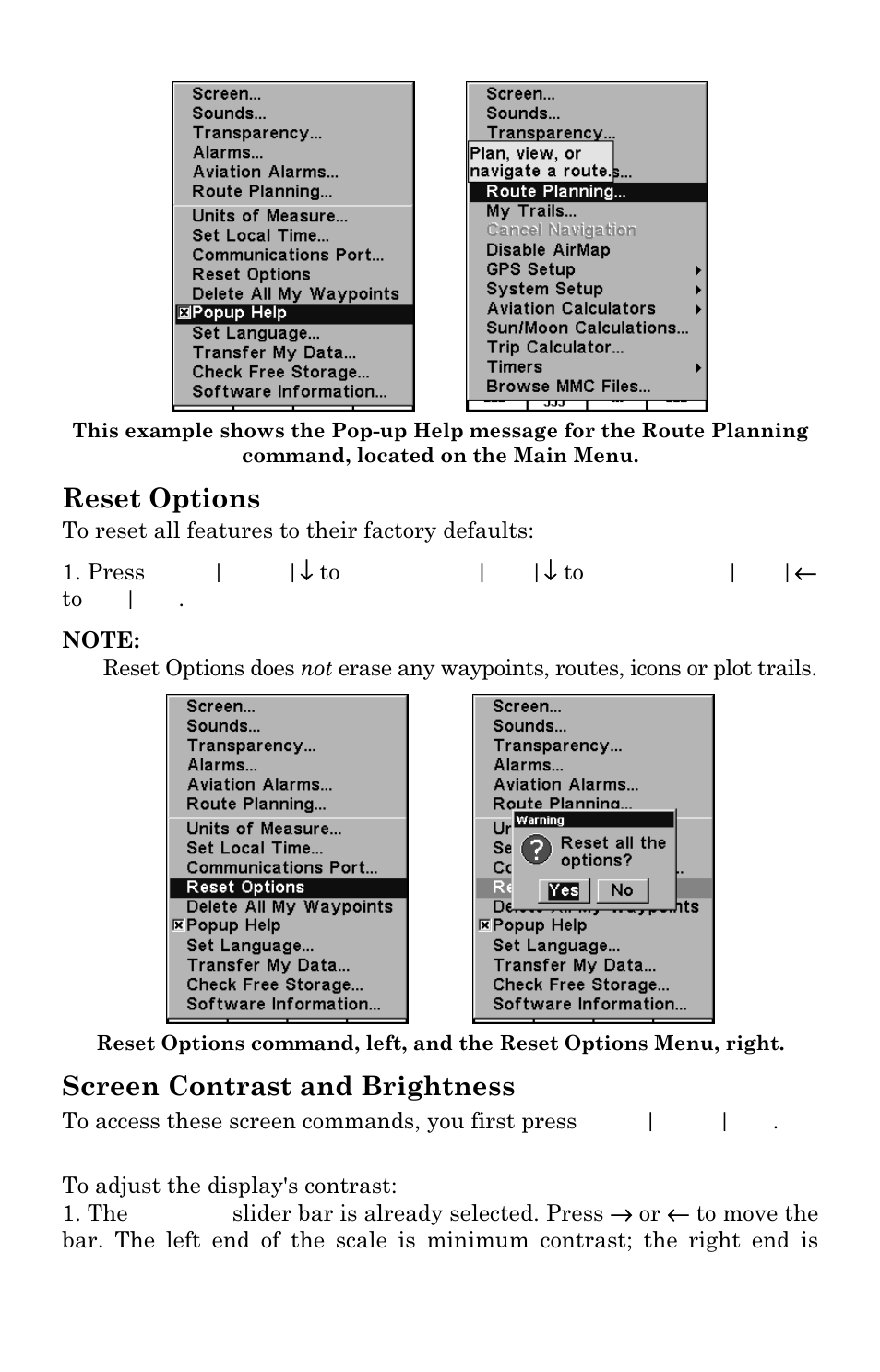 Reset options, Screen contrast and brightness | Lowrance electronic AirMap 2000C User Manual | Page 104 / 148