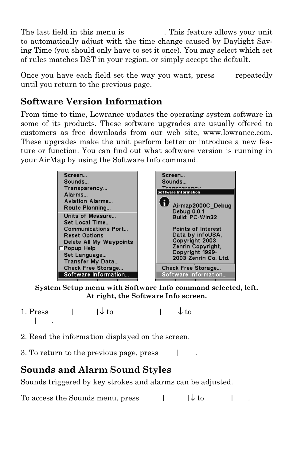 Software version information, Sounds and alarm sound styles | Lowrance electronic AirMap 2000C User Manual | Page 108 / 148