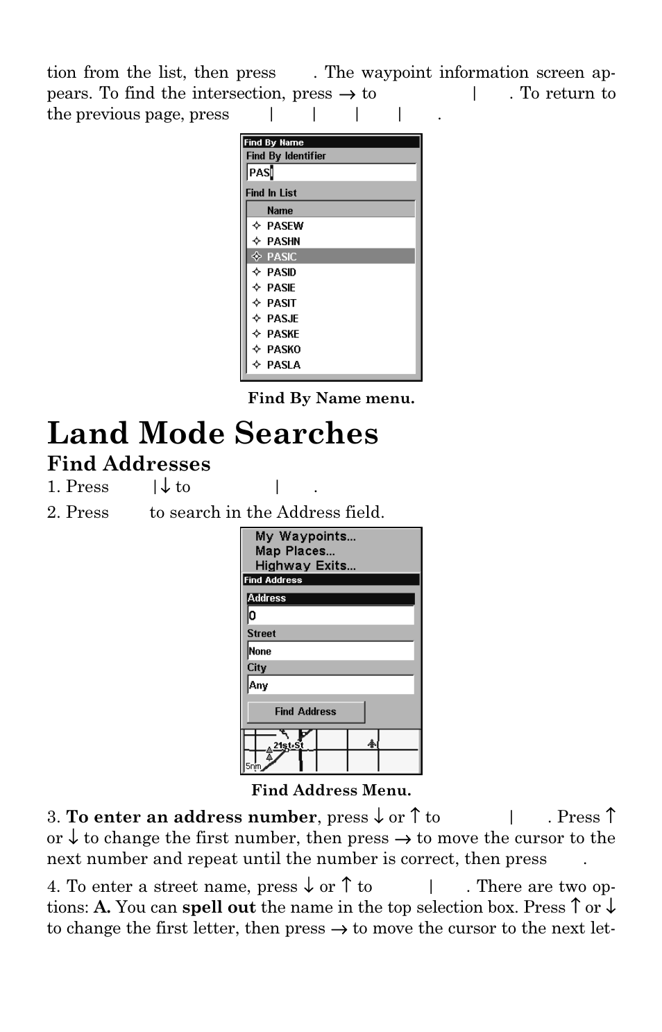 Land mode searches, Find addresses | Lowrance electronic AirMap 2000C User Manual | Page 122 / 148