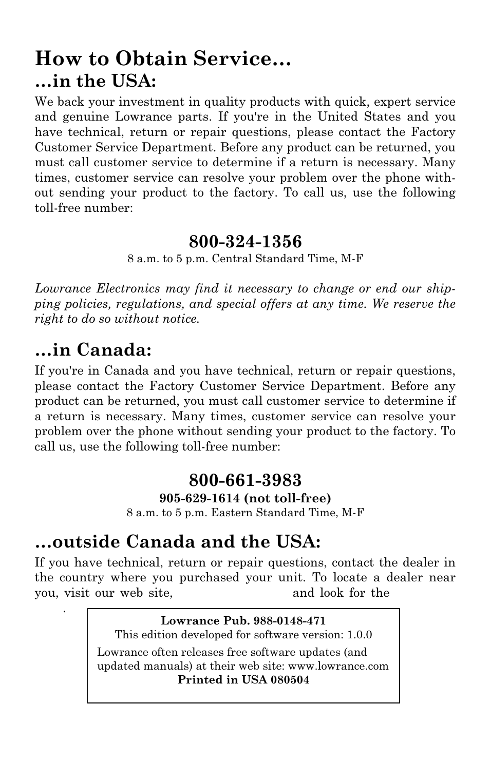 How to obtain service, Outside canada and the usa | Lowrance electronic AirMap 2000C User Manual | Page 146 / 148