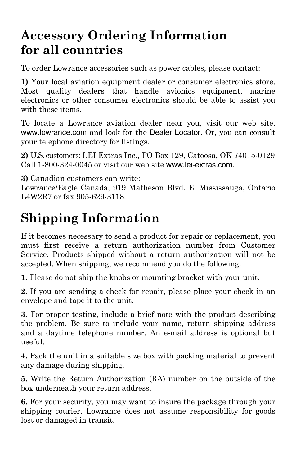 Accessory ordering information for all countries, Shipping information | Lowrance electronic AirMap 2000C User Manual | Page 147 / 148