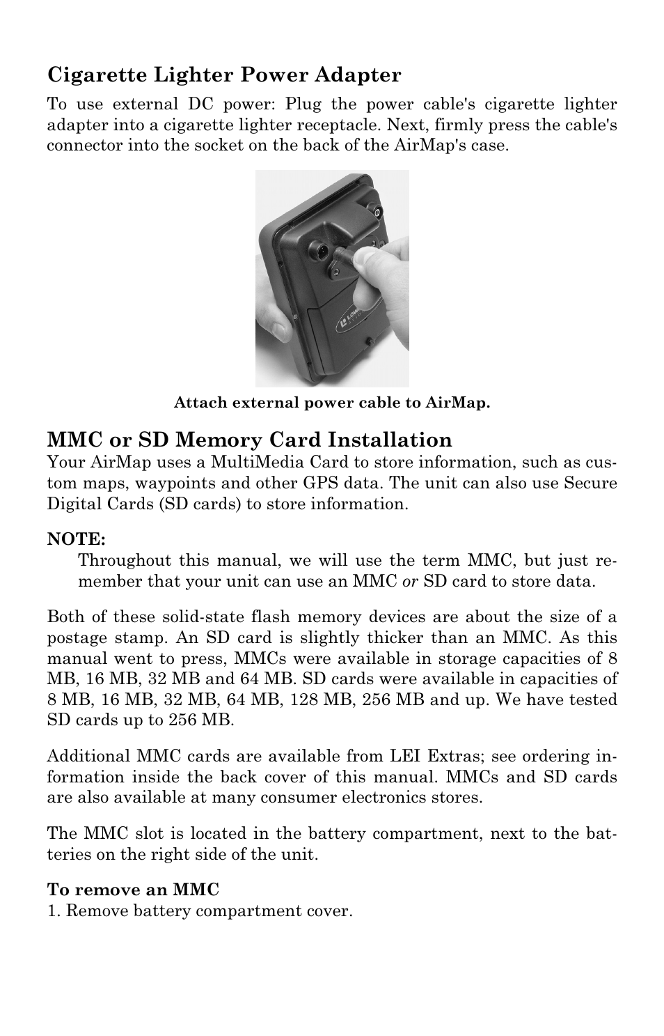 Cigarette lighter power adapter | Lowrance electronic AirMap 2000C User Manual | Page 19 / 148