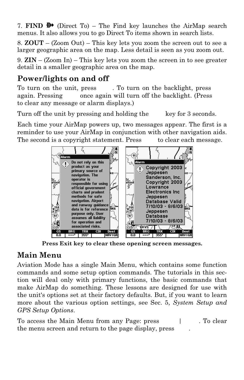 Power/lights on and off, Main menu | Lowrance electronic AirMap 2000C User Manual | Page 26 / 148