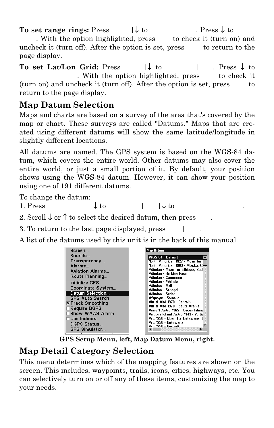 Map datum selection, Map detail category selection | Lowrance electronic AirMap 2000C User Manual | Page 96 / 148