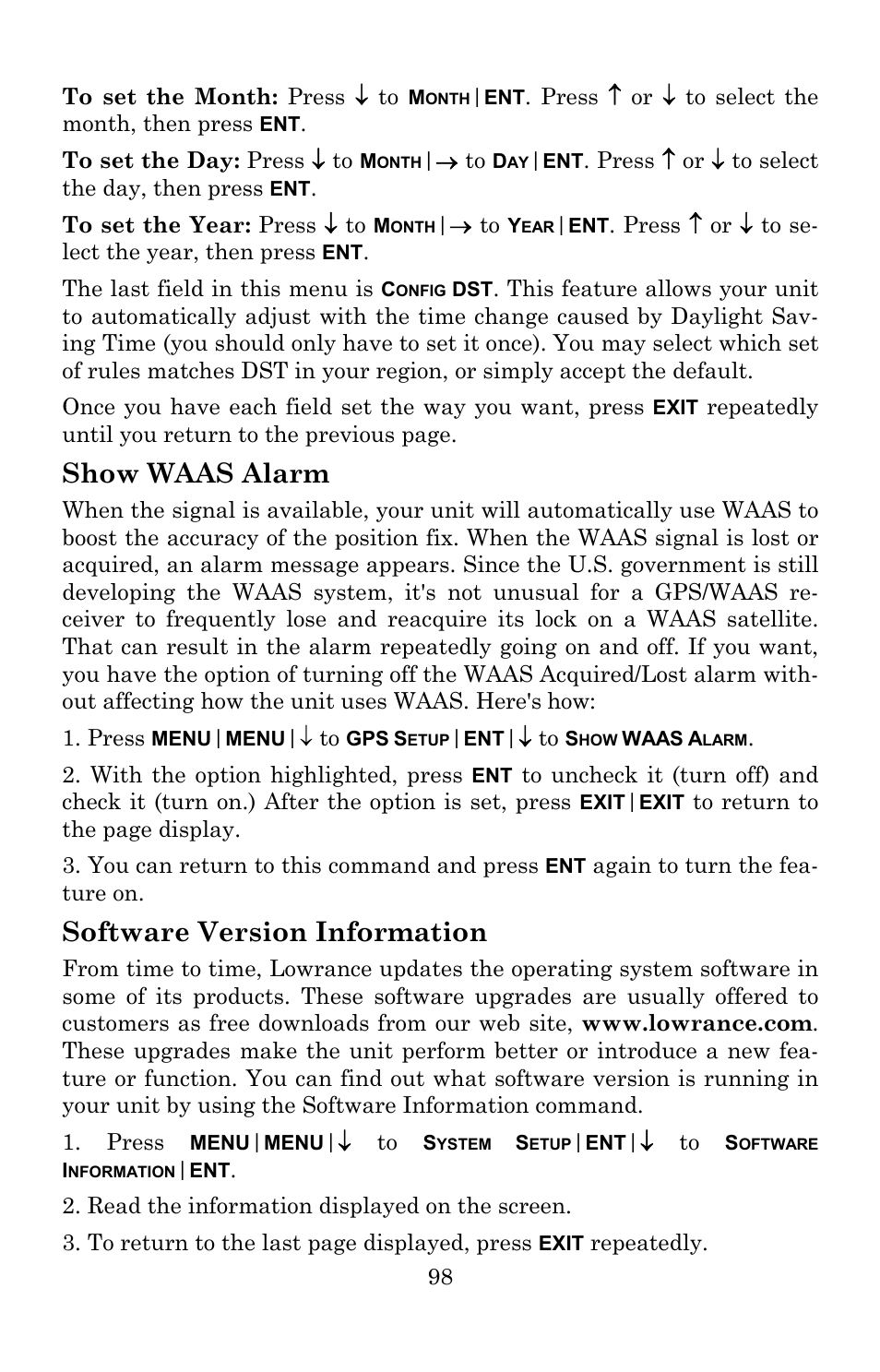 Show waas alarm, Software version information | Lowrance electronic 5150C User Manual | Page 104 / 140