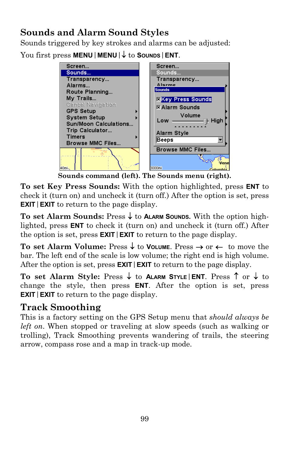 Sounds and alarm sound styles, Track smoothing | Lowrance electronic 5150C User Manual | Page 105 / 140