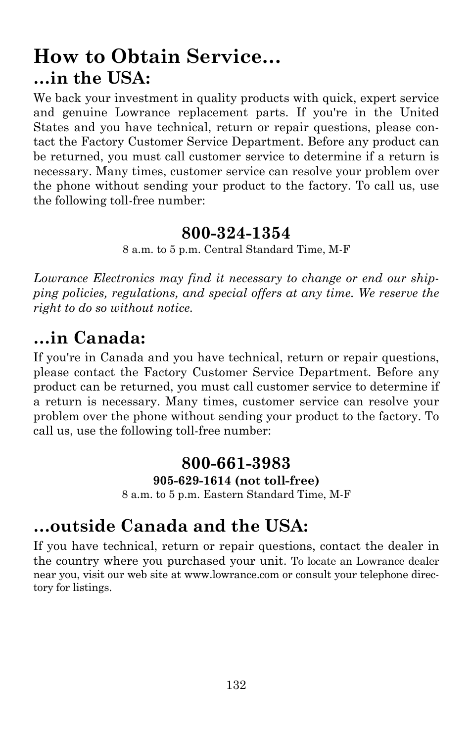 How to obtain service, Outside canada and the usa | Lowrance electronic 5150C User Manual | Page 138 / 140