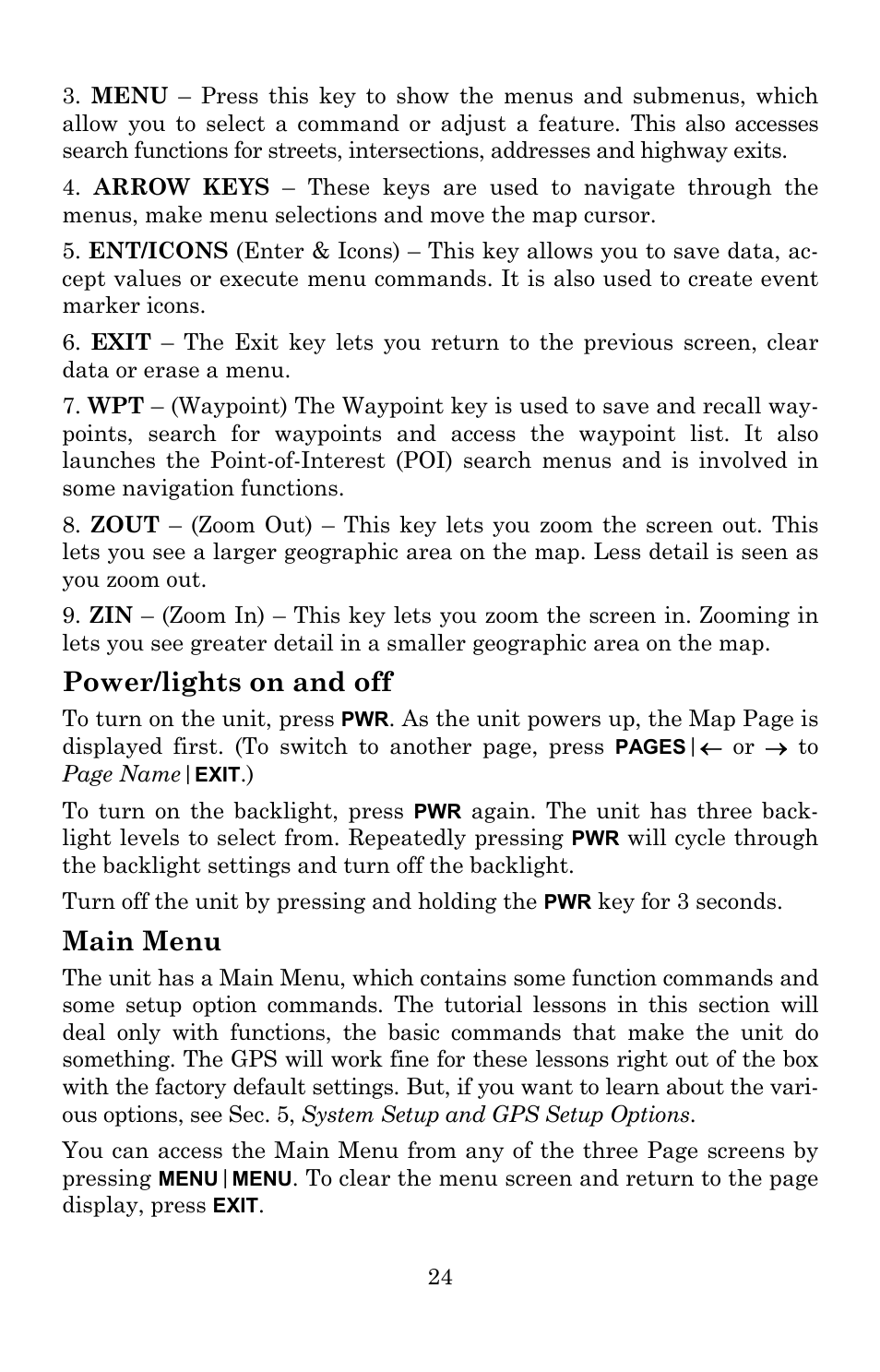 Power/lights on and off, Main menu | Lowrance electronic 5150C User Manual | Page 30 / 140