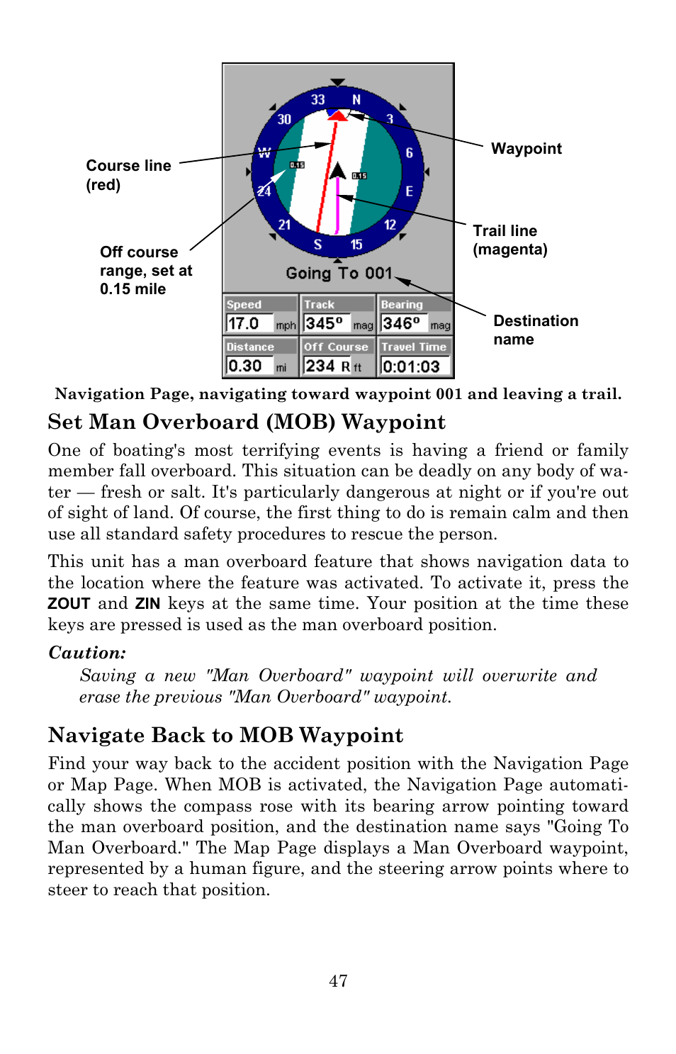 Set man overboard (mob) waypoint, Navigate back to mob waypoint | Lowrance electronic 5150C User Manual | Page 53 / 140