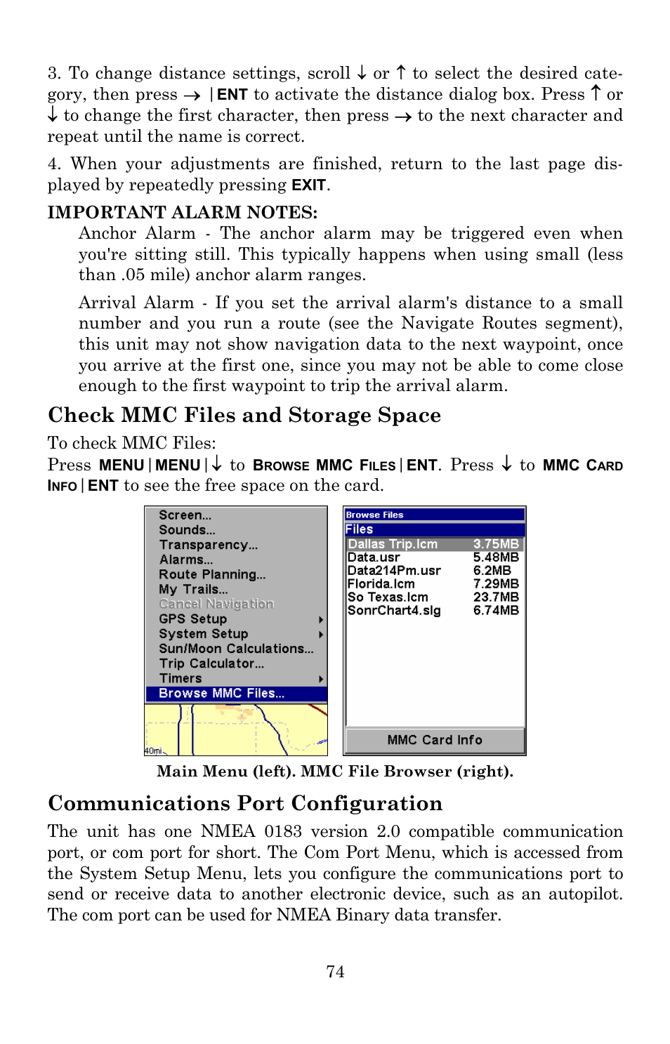 Check mmc files and storage space, Communications port configuration | Lowrance electronic 5150C User Manual | Page 80 / 140