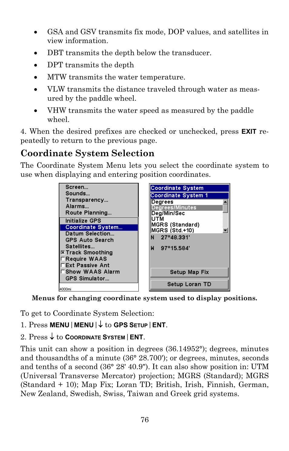 Coordinate system selection | Lowrance electronic 5150C User Manual | Page 82 / 140