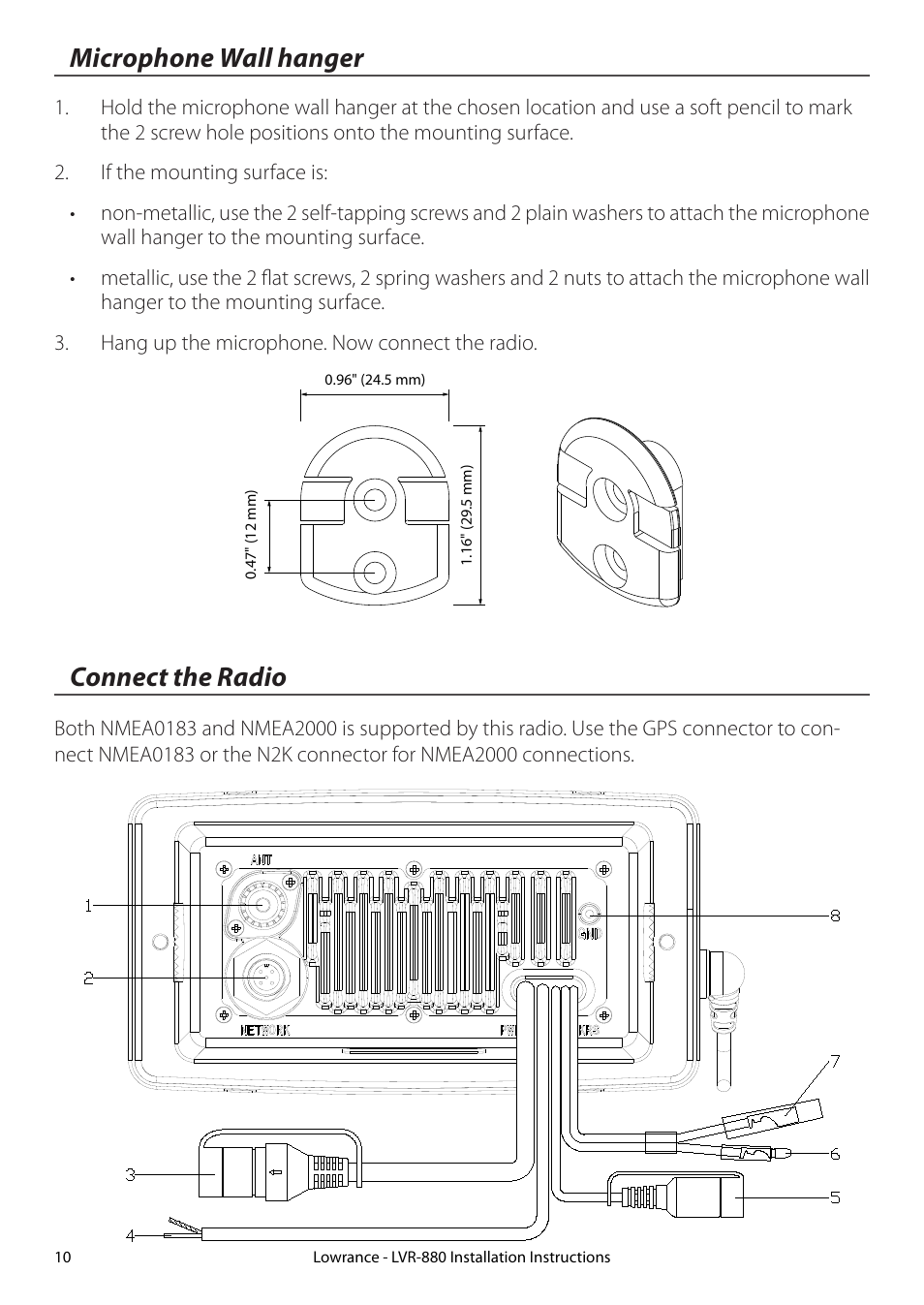 Microphone wall hanger, Connect the radio, Microphone wall hanger connect the radio | Lowrance electronic LVR-880 EU User Manual | Page 10 / 20