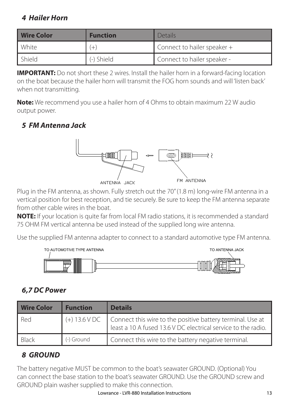 4 hailer horn, 5 fm antenna jack, 6,7 dc power | 8 ground | Lowrance electronic LVR-880 EU User Manual | Page 13 / 20