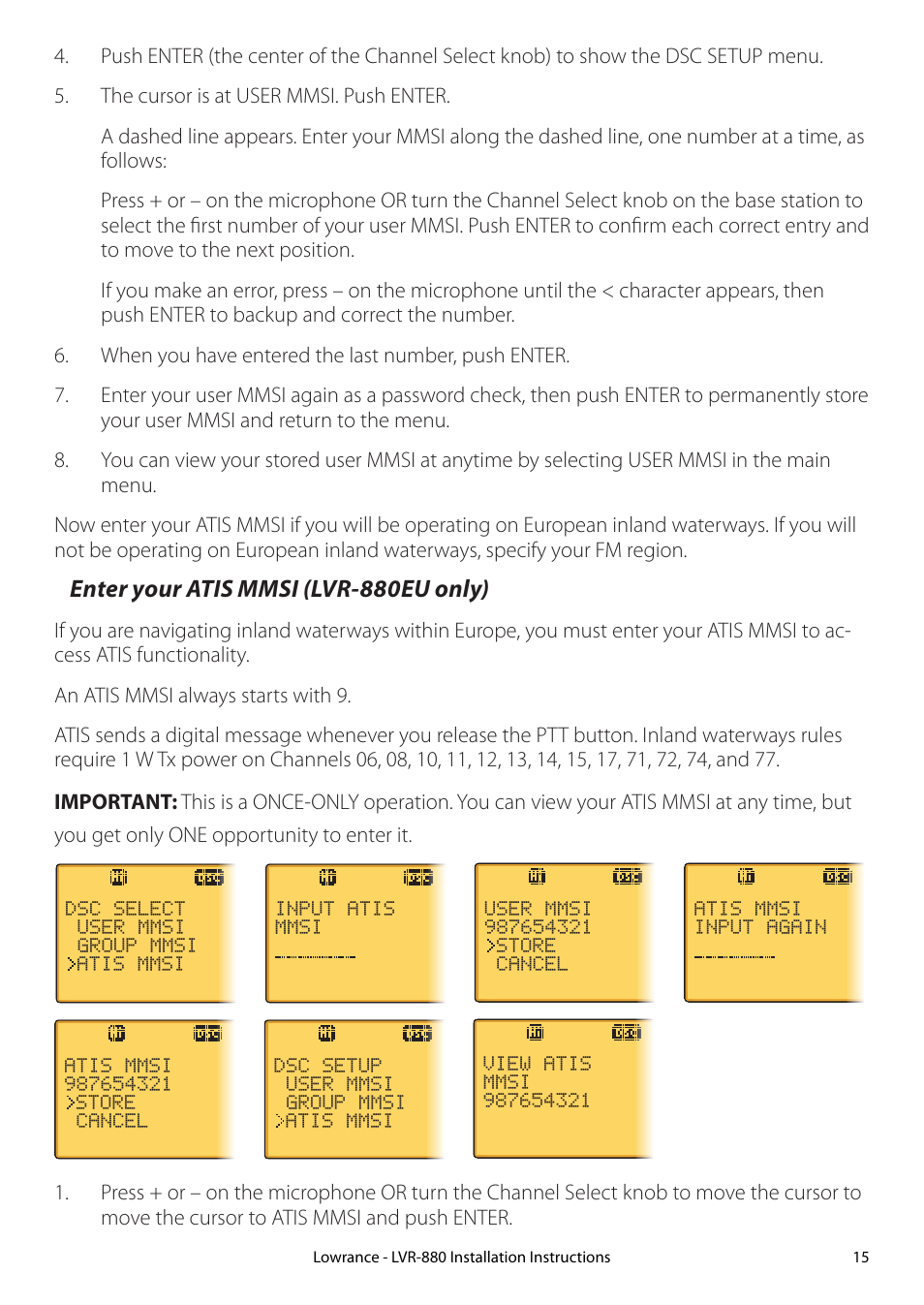 Enter your atis mmsi (lvr-880eu only) | Lowrance electronic LVR-880 EU User Manual | Page 15 / 20
