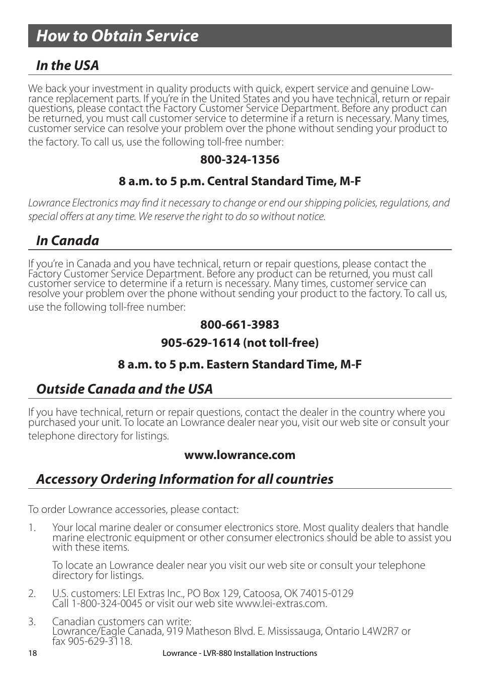 How to obtain service, In the usa, In canada | Outside canada and the usa, Accessory ordering information for all countries | Lowrance electronic LVR-880 EU User Manual | Page 18 / 20