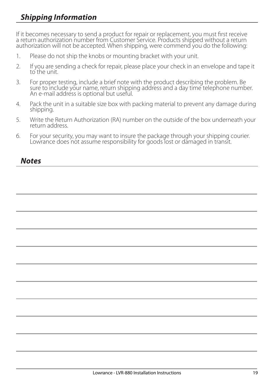 Shipping information, Notes, Shipping information notes | Lowrance electronic LVR-880 EU User Manual | Page 19 / 20
