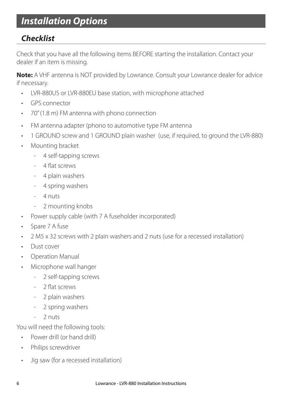 Installation options, Checklist | Lowrance electronic LVR-880 EU User Manual | Page 6 / 20