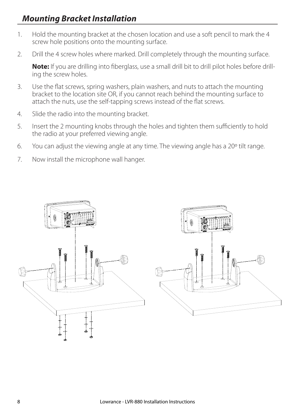 Mounting bracket installation | Lowrance electronic LVR-880 EU User Manual | Page 8 / 20