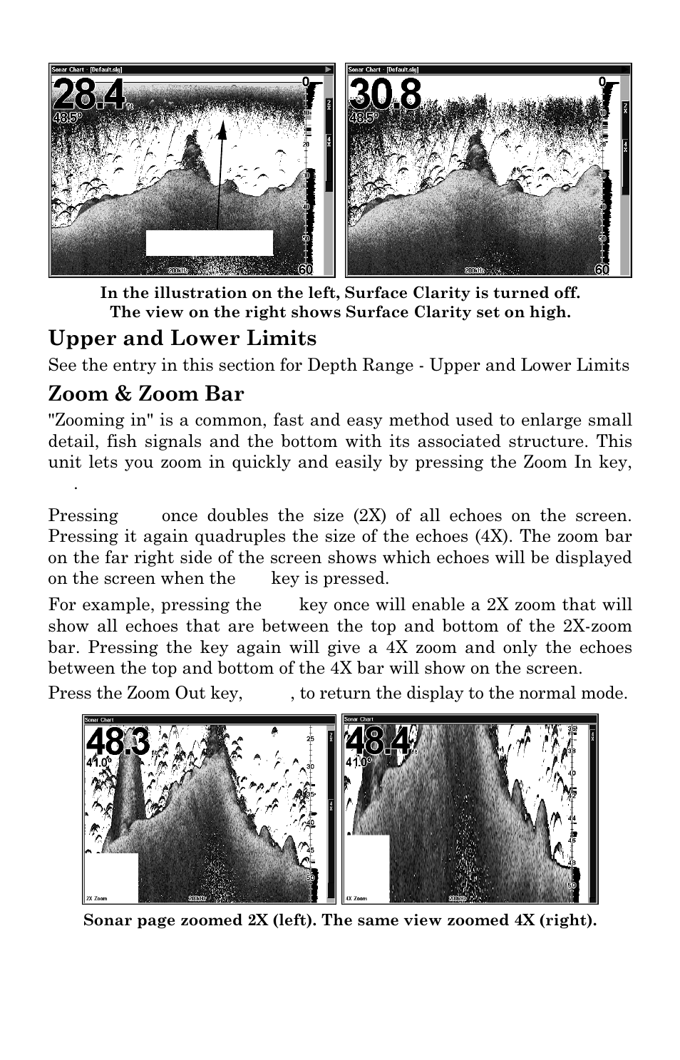 Upper and lower limits, Zoom & zoom bar | Lowrance electronic LCX-17M User Manual | Page 100 / 204