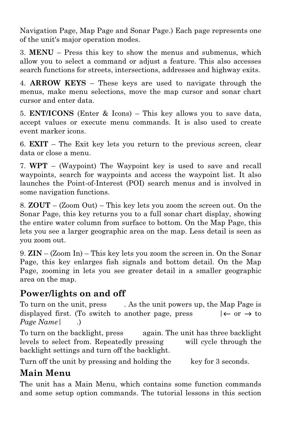 Power/lights on and off, Main menu | Lowrance electronic LCX-17M User Manual | Page 108 / 204