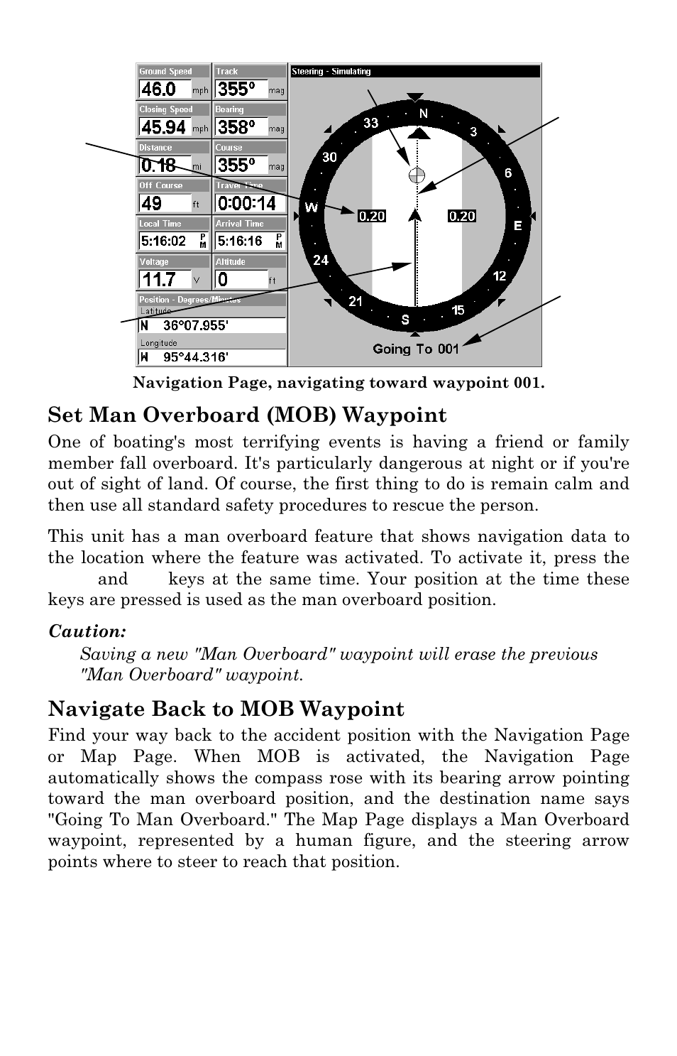 Set man overboard (mob) waypoint, Navigate back to mob waypoint | Lowrance electronic LCX-17M User Manual | Page 126 / 204