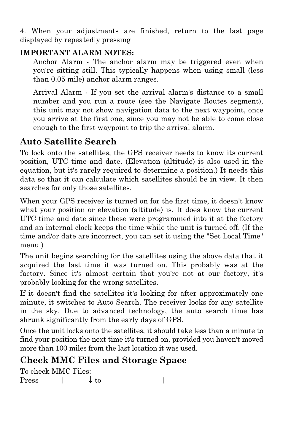 Auto satellite search, Check mmc files and storage space | Lowrance electronic LCX-17M User Manual | Page 150 / 204