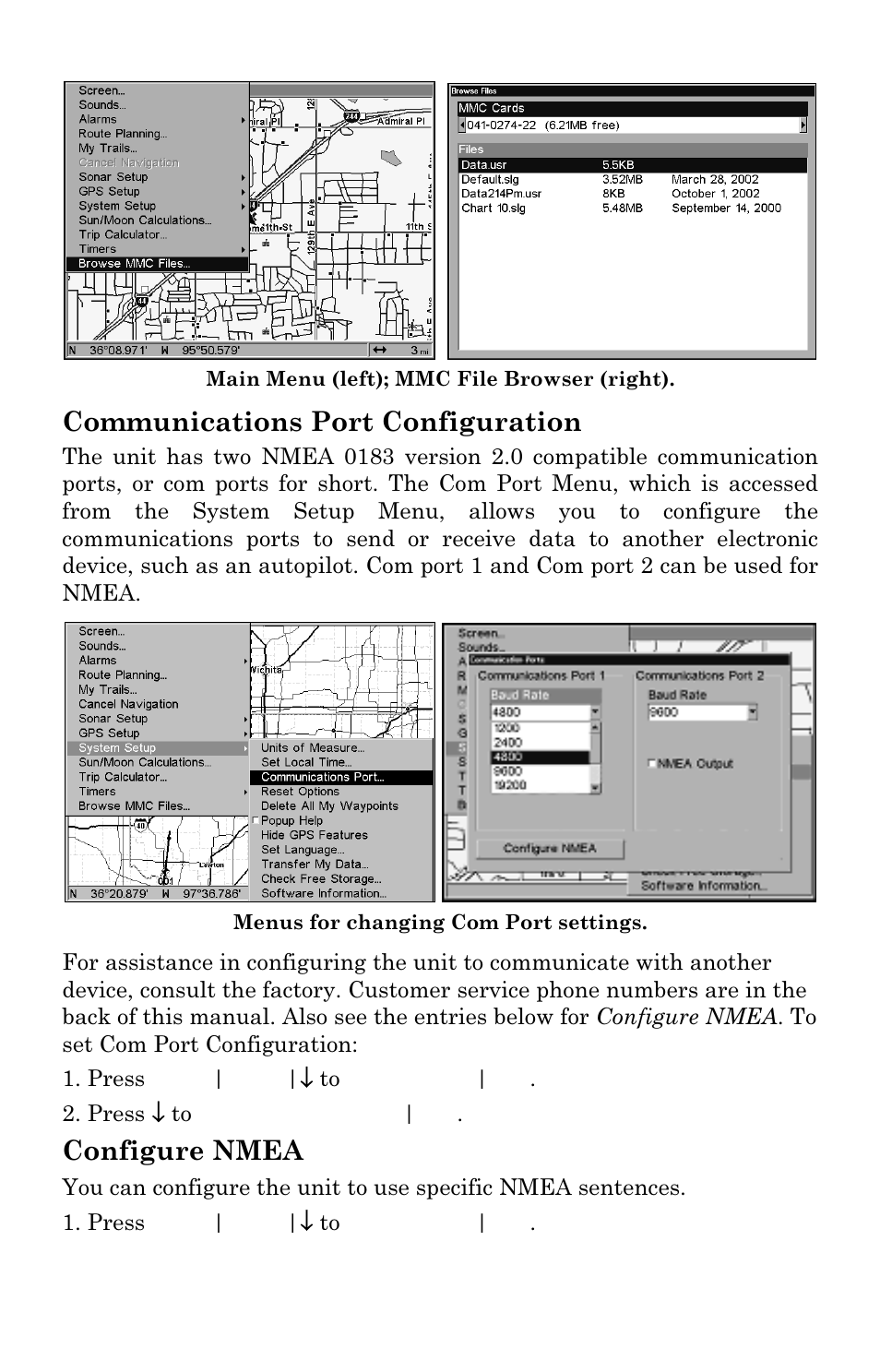 Communications port configuration, Configure nmea | Lowrance electronic LCX-17M User Manual | Page 151 / 204