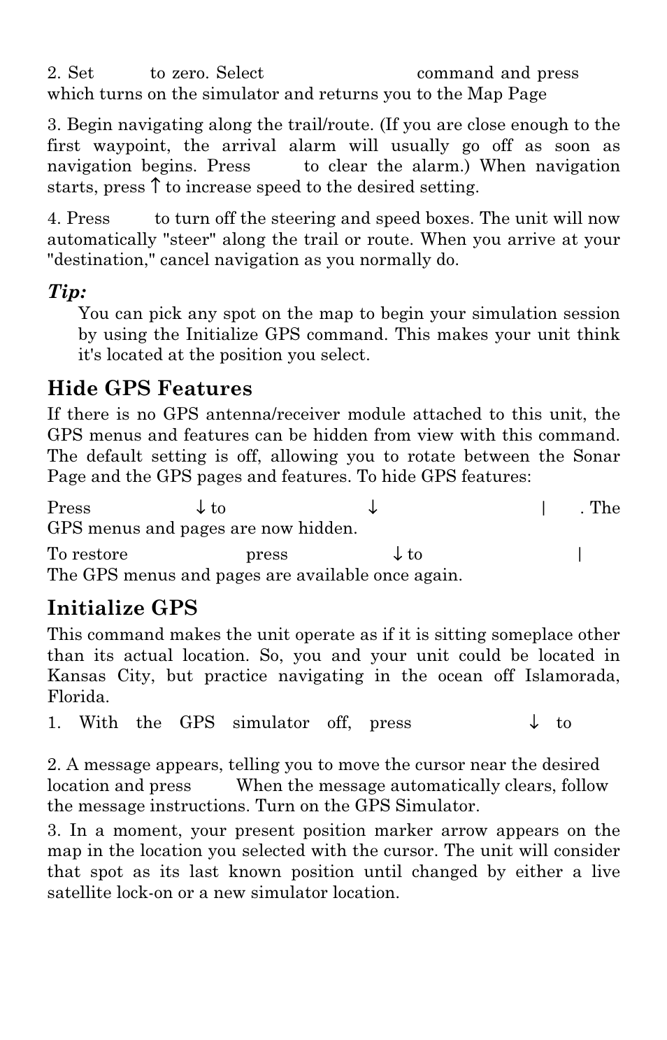 Hide gps features, Initialize gps | Lowrance electronic LCX-17M User Manual | Page 157 / 204