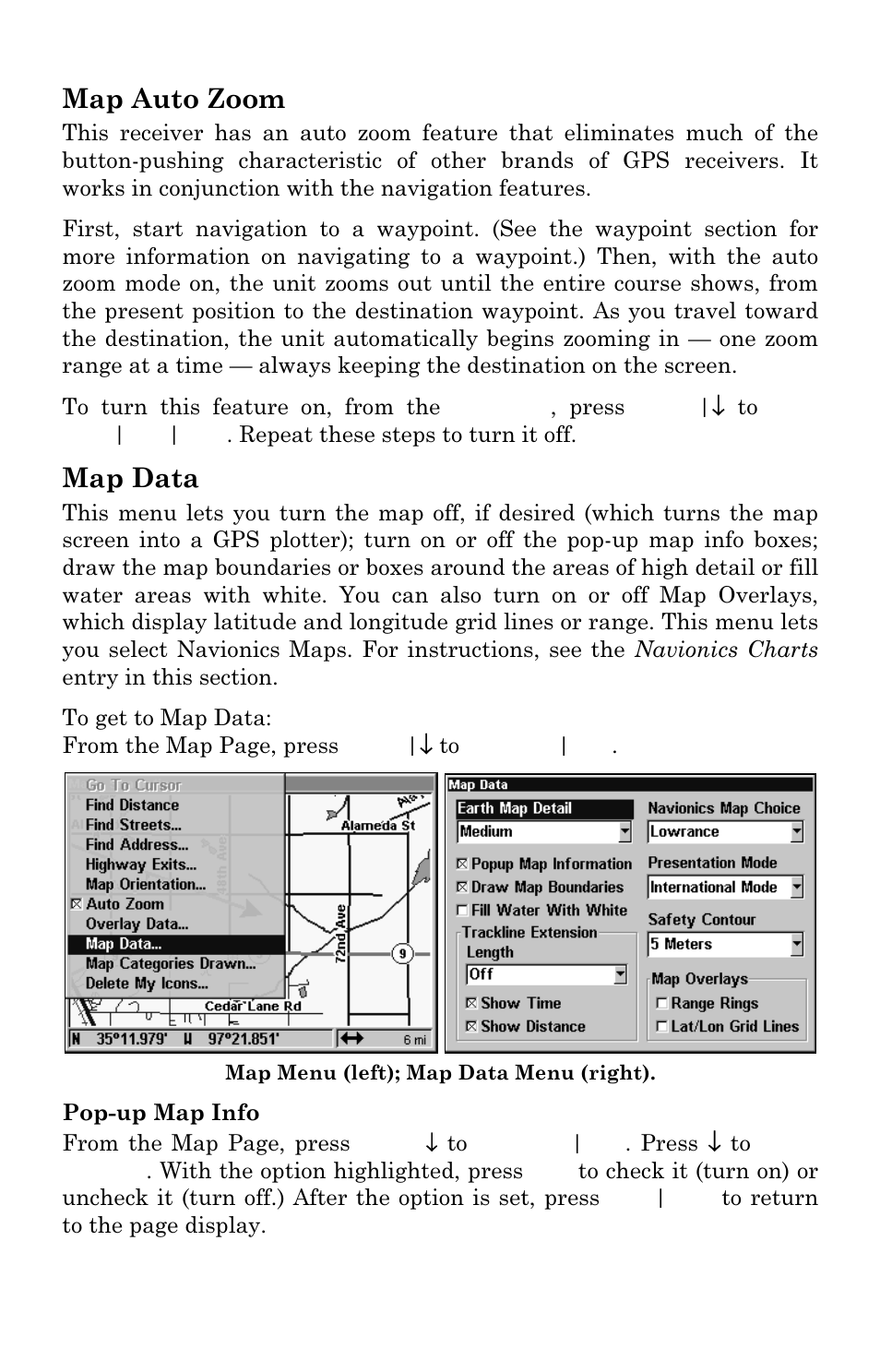 Map auto zoom, Map data | Lowrance electronic LCX-17M User Manual | Page 158 / 204