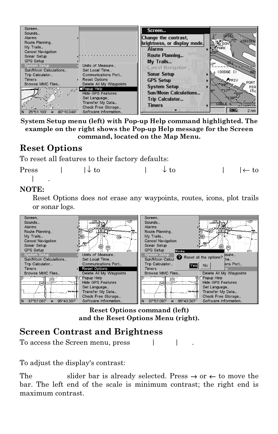 Reset options, Screen contrast and brightness | Lowrance electronic LCX-17M User Manual | Page 168 / 204