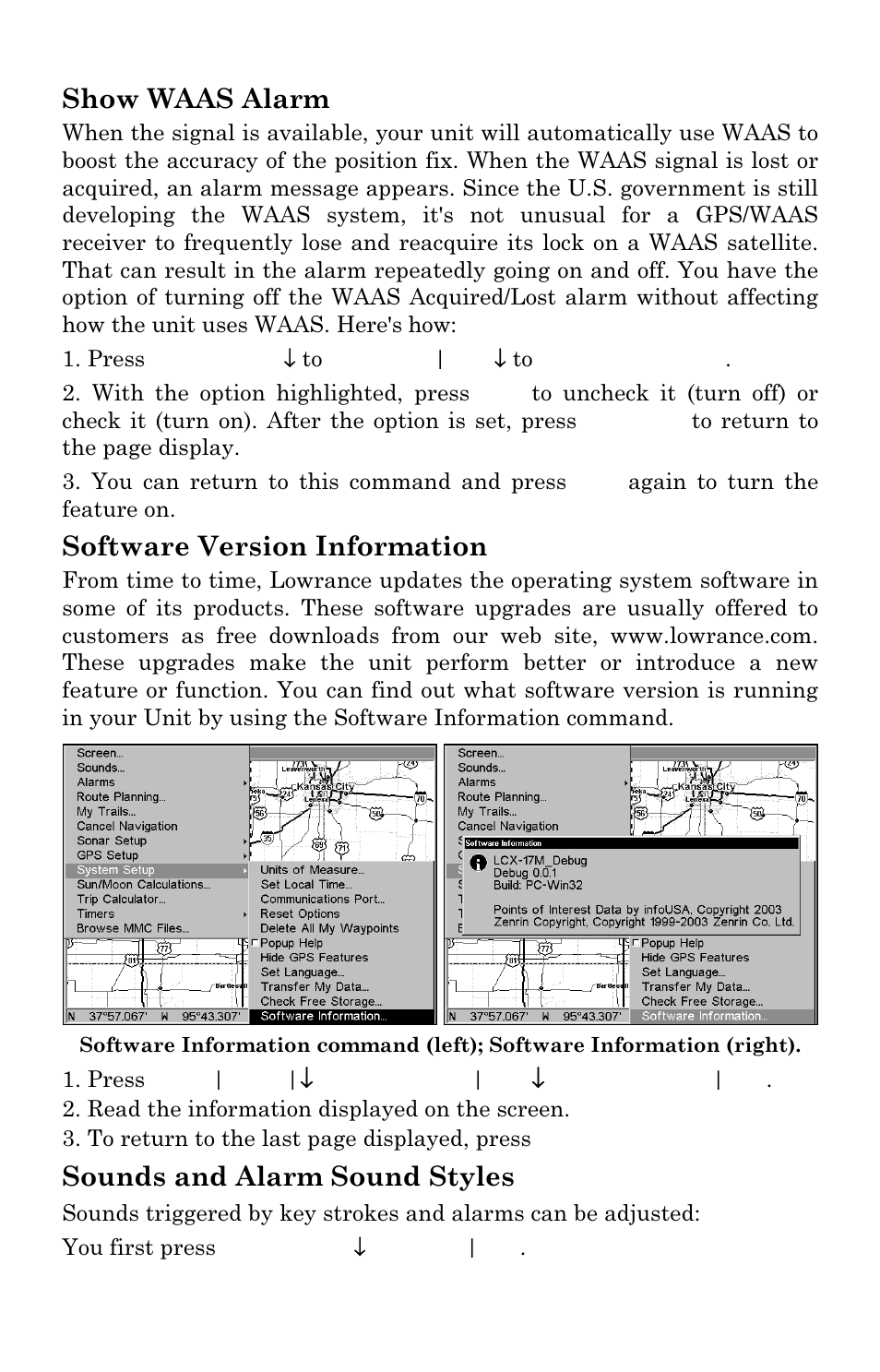 Show waas alarm, Software version information, Sounds and alarm sound styles | Lowrance electronic LCX-17M User Manual | Page 171 / 204