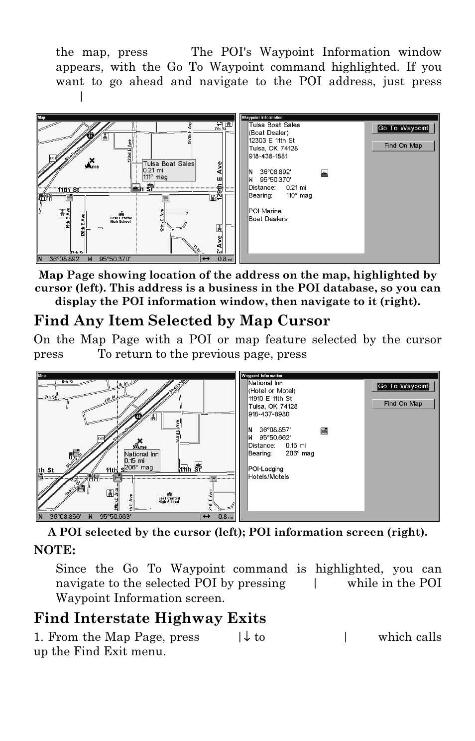 Find any item selected by map cursor, Find interstate highway exits | Lowrance electronic LCX-17M User Manual | Page 180 / 204