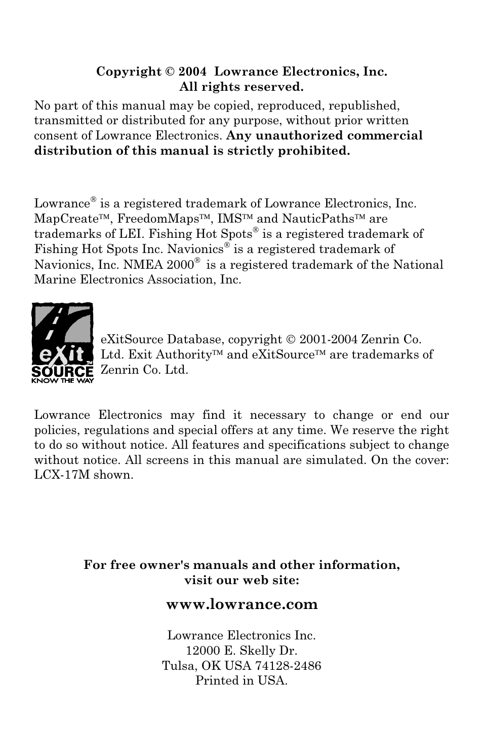 Lowrance electronic LCX-17M User Manual | Page 2 / 204