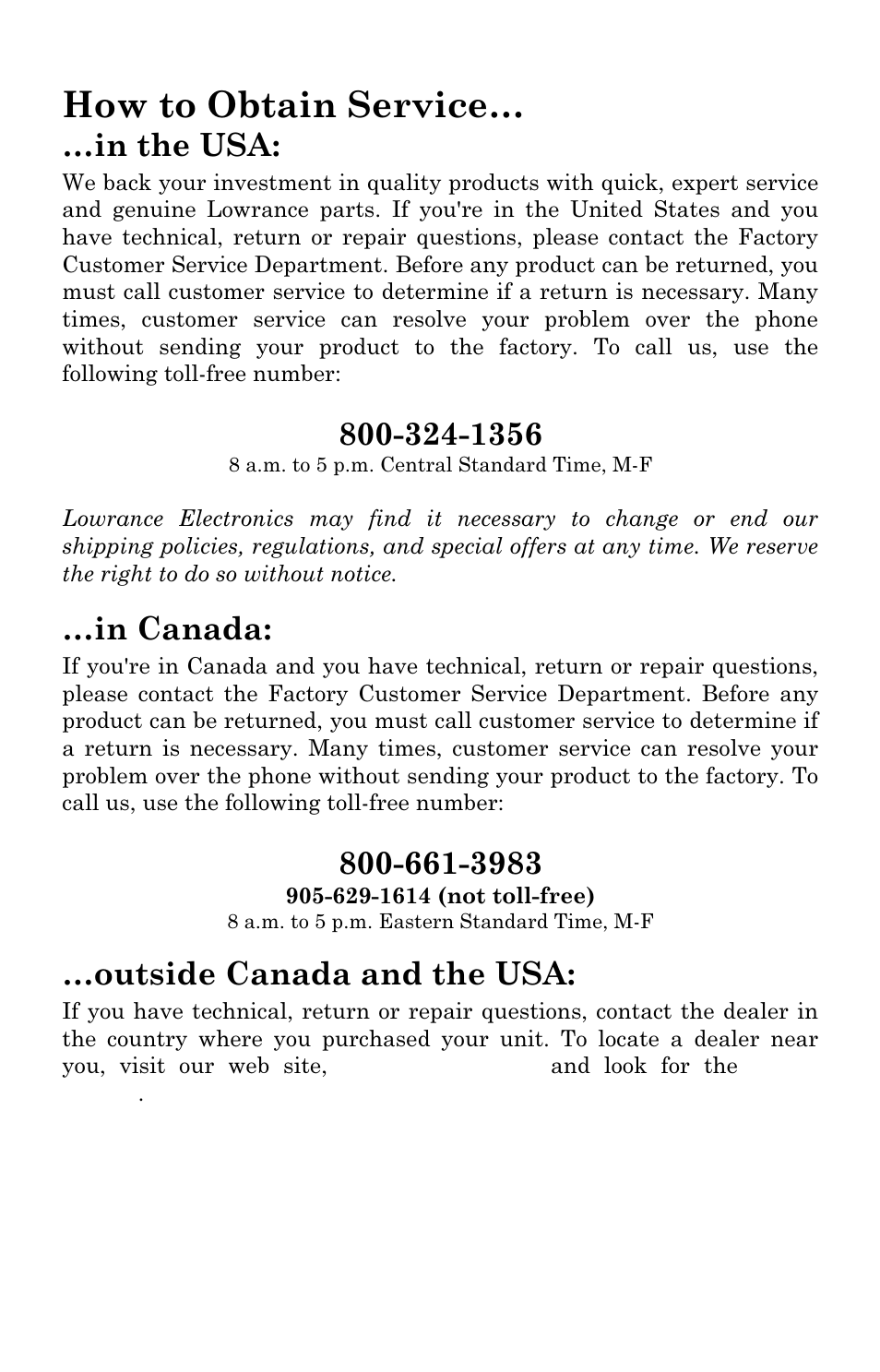 How to obtain service, Outside canada and the usa | Lowrance electronic LCX-17M User Manual | Page 202 / 204