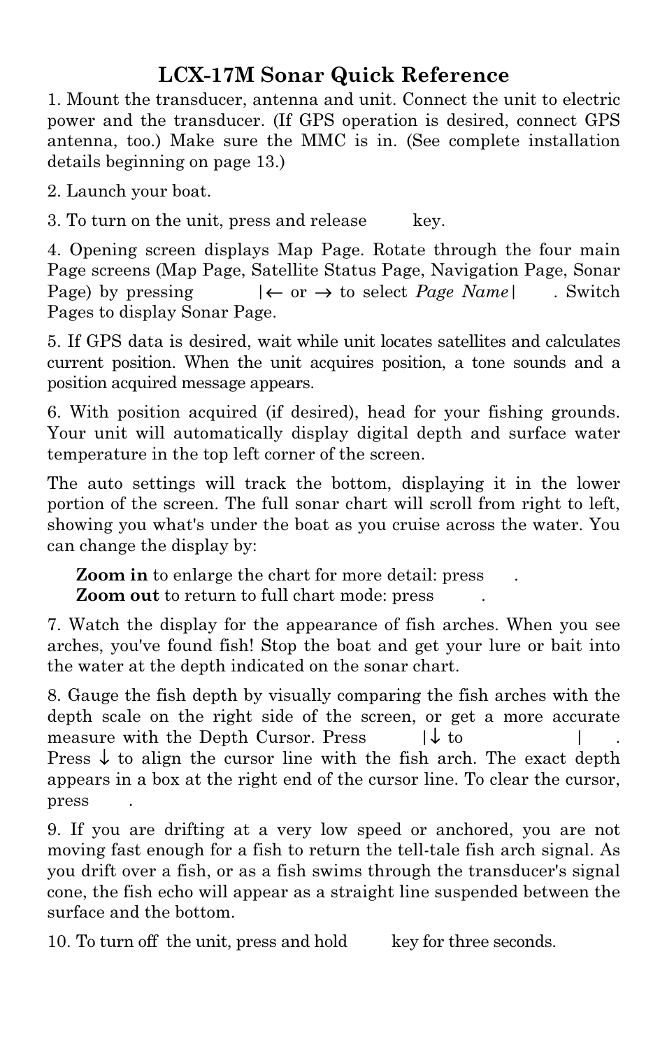 Lcx-17m sonar quick reference | Lowrance electronic LCX-17M User Manual | Page 63 / 204