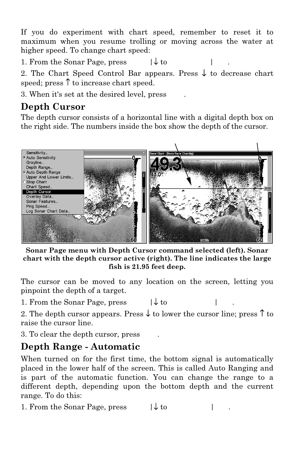 Depth cursor, Depth range - automatic | Lowrance electronic LCX-17M User Manual | Page 74 / 204