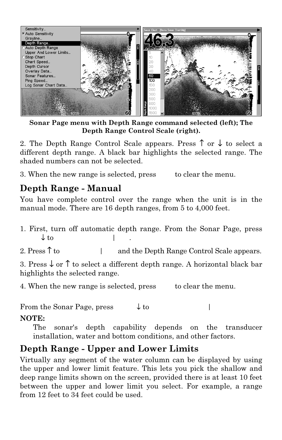 Depth range - manual, Depth range - upper and lower limits | Lowrance electronic LCX-17M User Manual | Page 75 / 204