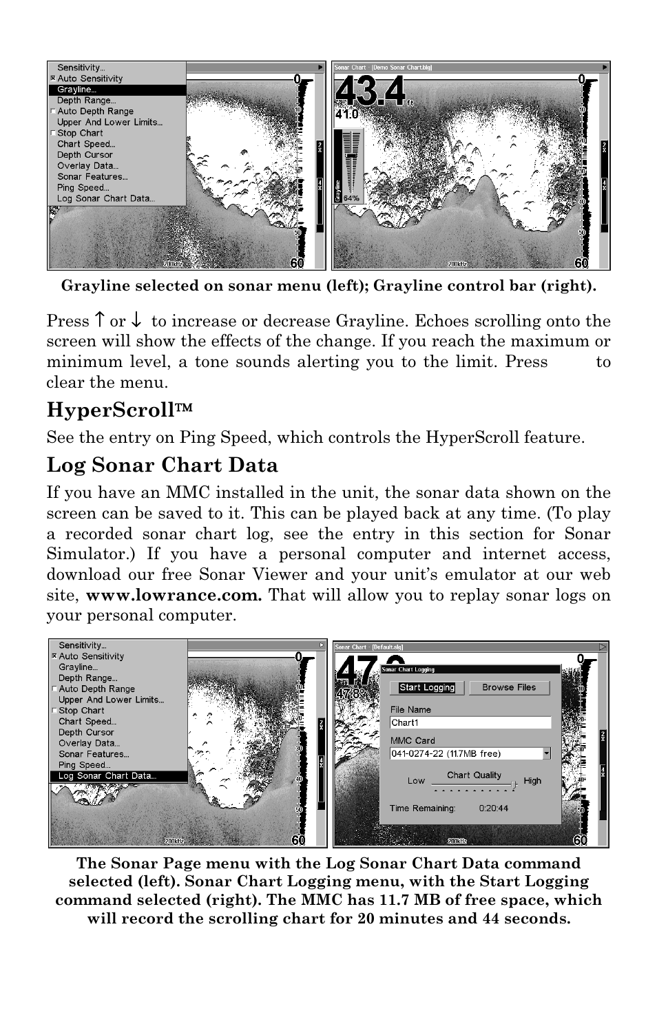 Hyperscroll, Log sonar chart data | Lowrance electronic LCX-17M User Manual | Page 82 / 204