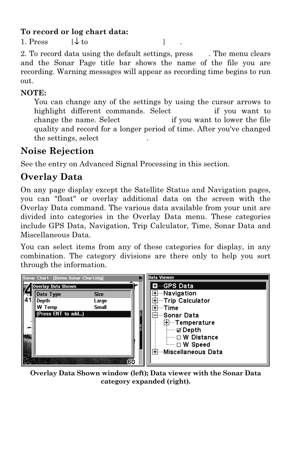 Noise rejection, Overlay data | Lowrance electronic LCX-17M User Manual | Page 83 / 204