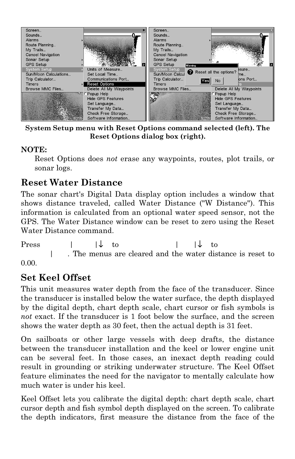 Reset water distance, Set keel offset | Lowrance electronic LCX-17M User Manual | Page 88 / 204